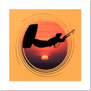 Kiter Action Freestyle Artistic Black Vector And Sunset Posters and Art